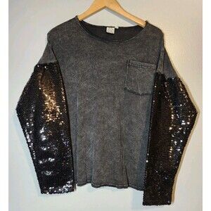 Grace & Emma Shirt Women’s Size Large Black Sequin Long Sleeve Pocket Acid Wash